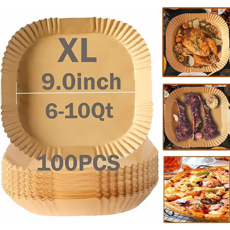 100pcs 9-Inch XL Air Fryer Disposable Paper Liners - Non-Stick Thickened Waterproof & Oilproof Baking Sheets, Square Air Fryer Rack Liners for 6-10 Qt Ovens, Microwaves, Grills - Heat-Resistant, Easy Cleanup, Mess-Free Cooking (Compatible with Air Fryers,