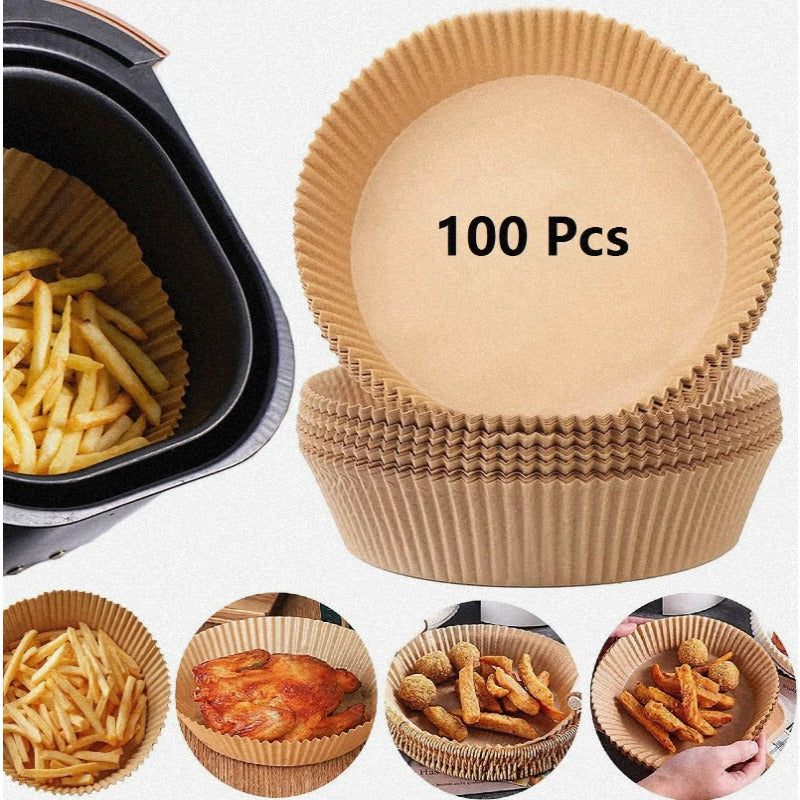 100pcs Air Fryer Parchment Paper Liners - Nonstick Disposable 6.3 Inch Round Pre-Cut Ruffled Edges, Food Grade Waterproof & Oilproof, Heat-Resistant up to 428°F for Oven, Microwave, Baking, BBQ, Air Fryer - Safe for Sensitive Stomachs, Easy Cleanup (Bulk