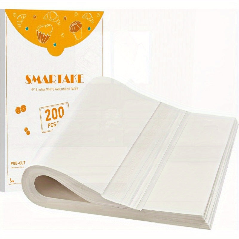 200 Sheets Precut Non-Stick Parchment Paper for Baking - 9x13 Inch Pre-Cut to Size, 450°F Safe, Natural Wood Pulp with Silicone Coating, High Quality & Disposable Baking Sheets for Oven, Air Fryer, Grilling, Steaming (No Curling, Fits Cookie & Muffin