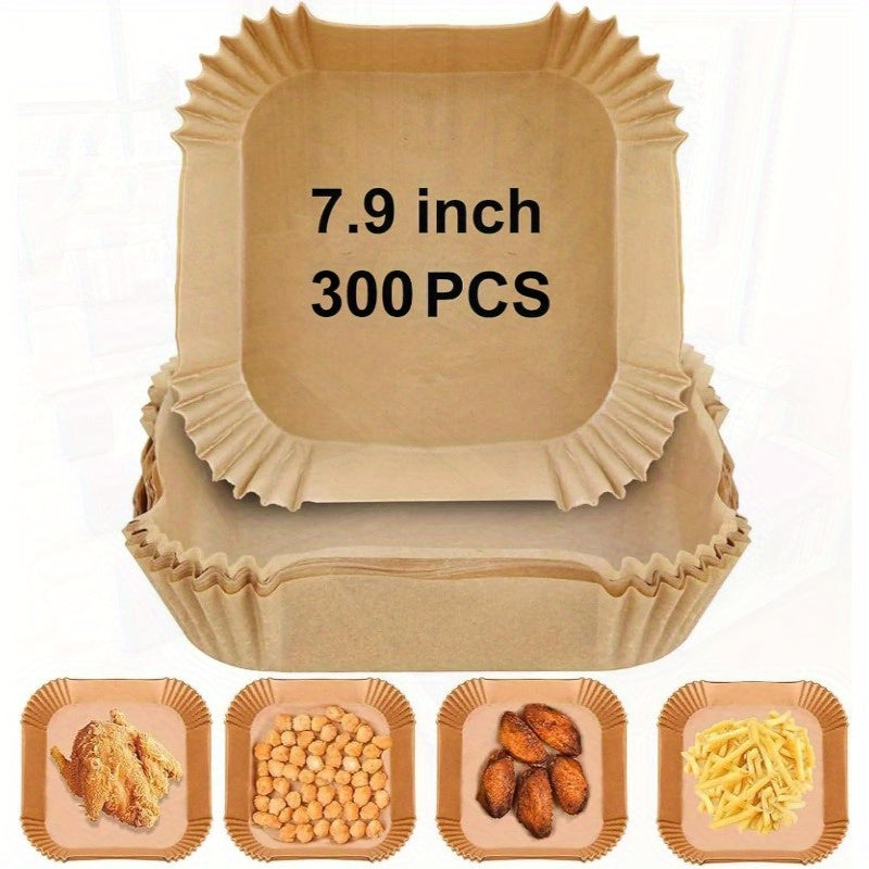 300pcs 7.9 Inch Square Air Fryer Baking Paper Liners - Non-Stick Parchment Sheets with Ruffled Edges, Silicone Coated & Unbleached, Individually Wrapped for Easy Storage, Compatible with 5-8QT Air Fryer, Oven, Microwave, Frying Pan (Disposable, Food