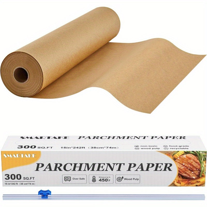 Parchment Paper Roll for Baking 15in x 242ft 300 sq. ft NonStick Baking Paper Sheets with Slide Cutter Heavy Duty Extra Long for Kitchen Baking Cooking Grilling Steaming Unbleached, Kitchen Baking Essential, Baking Sheet Liner, Unbleached Parchment