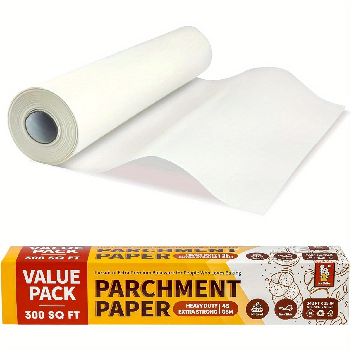 Katbite Heavy Duty Extra Large 15x242ft (300 Sq Ft) Parchment Paper Roll with Serrated Edge Cutter - Non-Stick, Greaseproof, Oven, Air Fryer, Steamer, Bakery Safe - for Baking, Cooking, Pizza, Pastries, Bread - Commercial & Home Kitchen Use - Value Pack