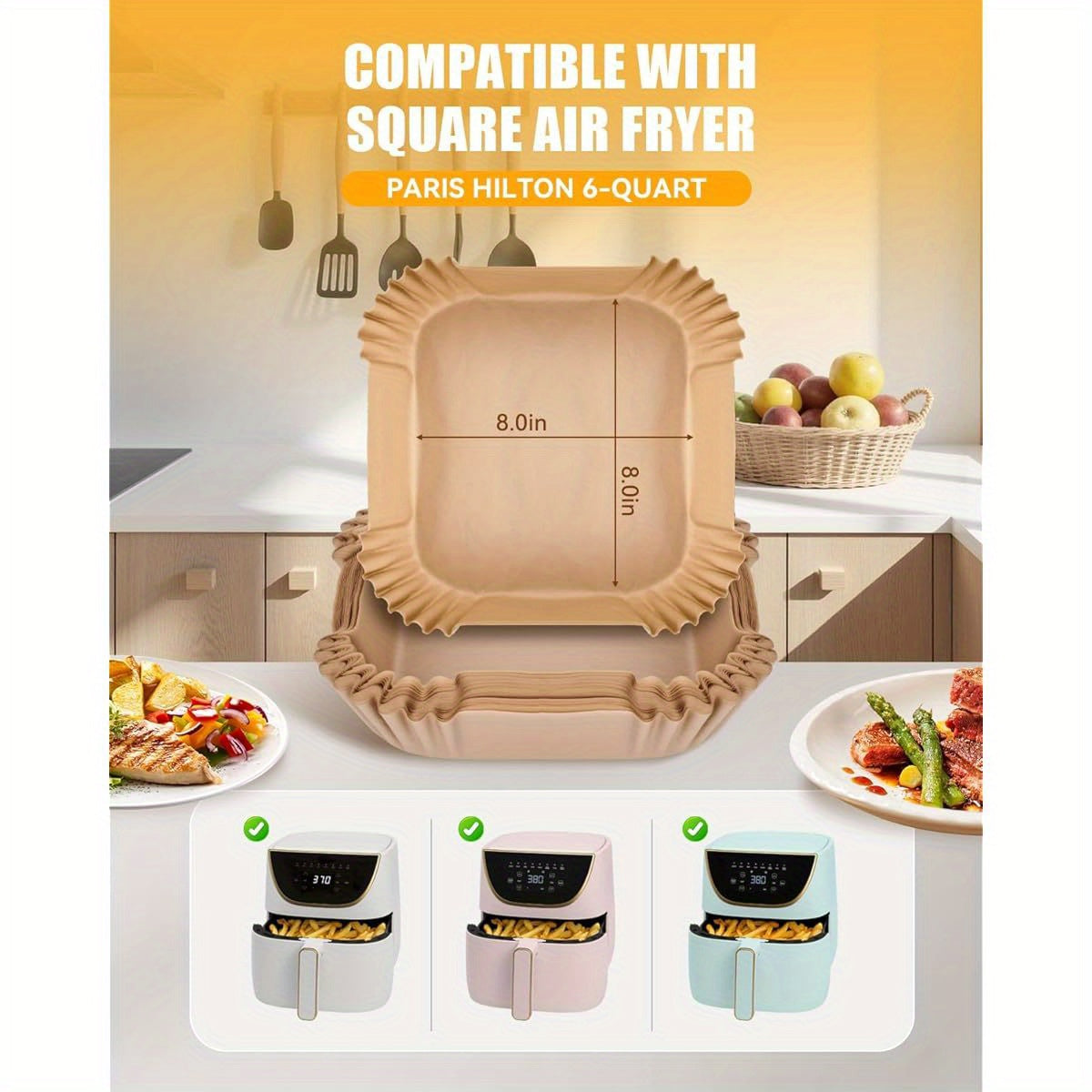 130pcs Nonstick Air Fryer Liners for Paris Hilton 6-Quart & 8-Inch Fryer - Food Grade Disposable Parchment Paper Baking Inserts, Bleach-Free, Easy Cleanup, Perfect for Chicken, Fries, and More, Air Fryer Accessories, Kitchen Essentials, Modern