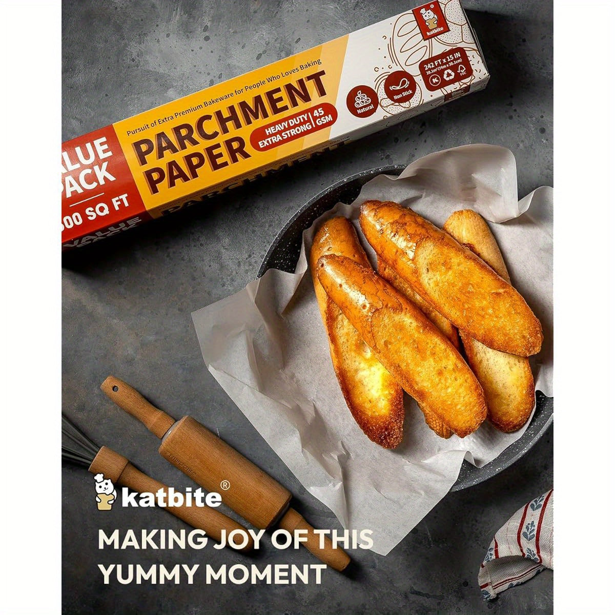 Katbite Heavy Duty Extra Large 15x242ft (300 Sq Ft) Parchment Paper Roll with Serrated Edge Cutter - Non-Stick, Greaseproof, Oven, Air Fryer, Steamer, Bakery Safe - for Baking, Cooking, Pizza, Pastries, Bread - Commercial & Home Kitchen Use - Value Pack