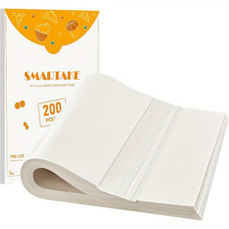 200 Sheets Precut Non-Stick Parchment Paper for Baking - 9x13 Inch Pre-Cut to Size, 450°F Safe, Natural Wood Pulp with Silicone Coating, High Quality & Disposable Baking Sheets for Oven, Air Fryer, Grilling, Steaming (No Curling, Fits Cookie & Muffin
