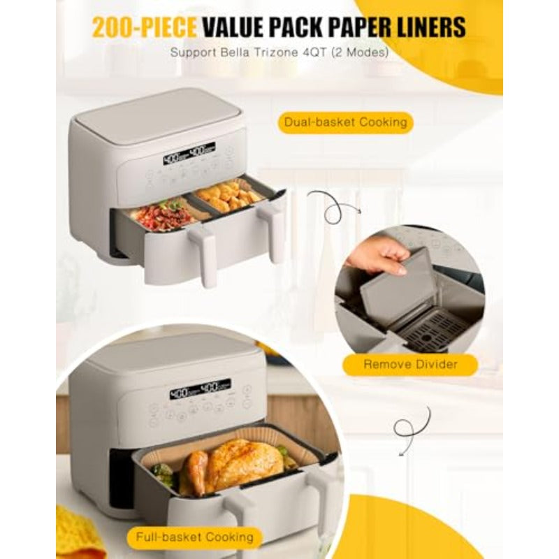 200pcs Air Fryer Paper Liners for Bella 4 QT TriZone Airfryer100pcs Large for Single Zone 100pcs Small for Dual Basket Nonstick Disposable Parchment Paper Baking Inserts Accessories Free of Bleach