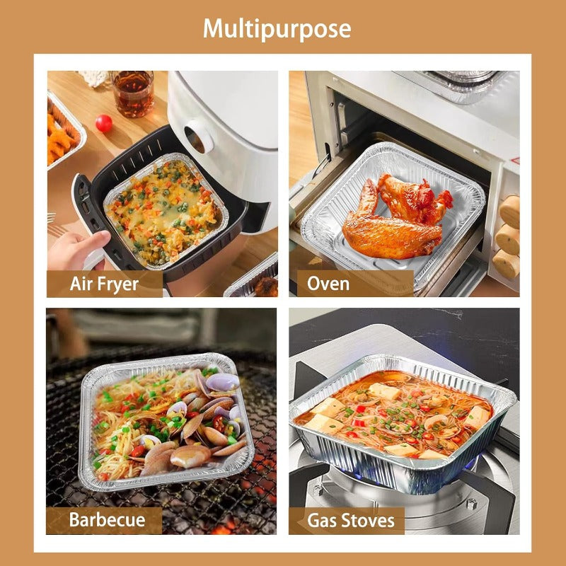 50pcs Heavy-Duty Non-Stick Disposable Aluminum Foil Air Fryer Liners - 7x7 Inch Square Pans with Rounded Corners, 600°C Heat-Resistant, Greaseproof & High Quality for Instant Pot, Oven, Grill, Steamer Basket - Stackable, Induction-Safe (Compatible with
