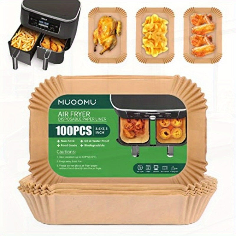 100pcs Ninja Dual Air Fryer Disposable Paper Liners - Non-Stick, Oil-Proof & Waterproof Parchment Paper for Baking, Microwave & Oven Use, 8.6in x 5.5in, Rectangular Design for Easy Cleanup, Air Fryer Accessories, Baking Essentials, Rectangular Liners,