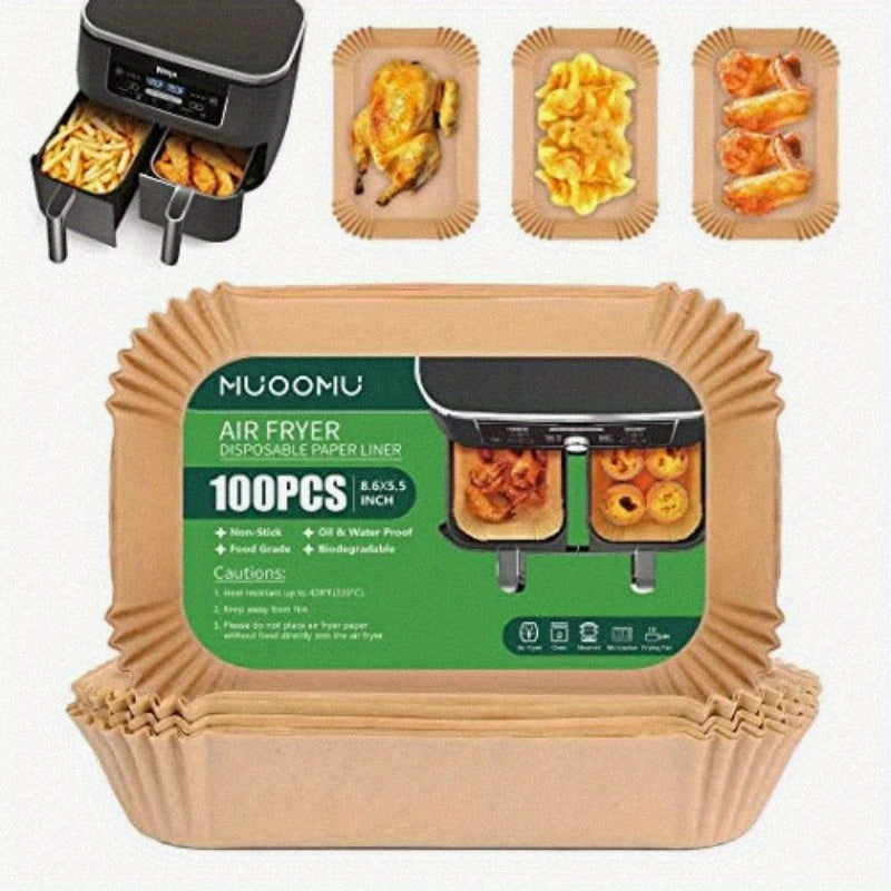 100pcs Ninja Dual Air Fryer Disposable Paper Liners - Non-Stick, Oil-Proof, Microwave & Oven Safe, 8.6x5.5 Inch Rectangular Parchment Paper for Baking, Roasting, Grilling - Compatible with Ninja Dual Air Fryer, Kitchen Essentials, Air Fryer Accessories,