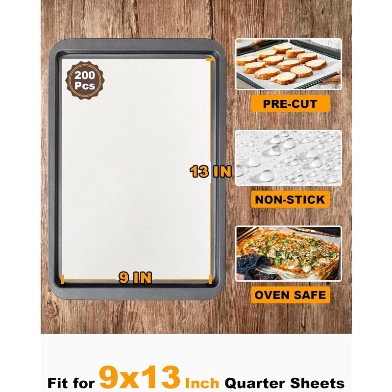 200 Sheets Precut Non-Stick Parchment Paper for Baking - 9x13 Inch Pre-Cut to Size, 450°F Safe, Natural Wood Pulp with Silicone Coating, High Quality & Disposable Baking Sheets for Oven, Air Fryer, Grilling, Steaming (No Curling, Fits Cookie & Muffin