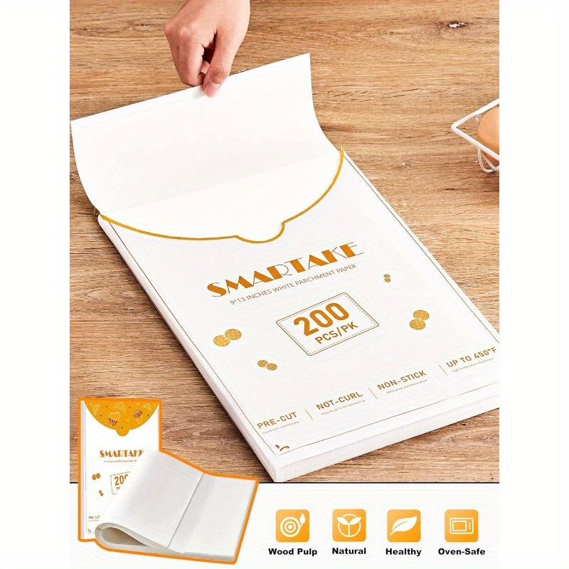 200 Sheets Precut Non-Stick Parchment Paper for Baking - 9x13 Inch Pre-Cut to Size, 450°F Safe, Natural Wood Pulp with Silicone Coating, High Quality & Disposable Baking Sheets for Oven, Air Fryer, Grilling, Steaming (No Curling, Fits Cookie & Muffin