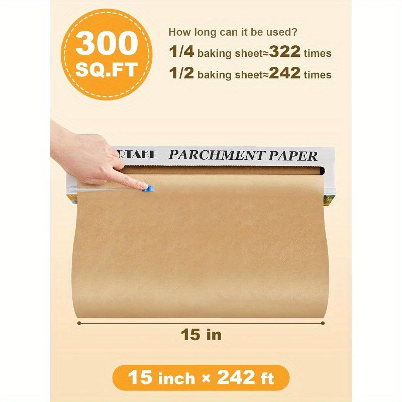 Parchment Paper Roll for Baking 15in x 242ft 300 sq. ft NonStick Baking Paper Sheets with Slide Cutter Heavy Duty Extra Long for Kitchen Baking Cooking Grilling Steaming Unbleached, Kitchen Baking Essential, Baking Sheet Liner, Unbleached Parchment