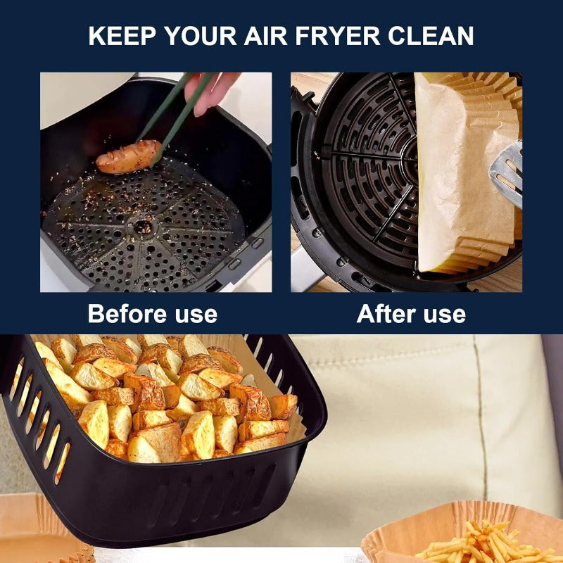 300pcs 7.9 Inch Square Air Fryer Baking Paper Liners - Non-Stick Parchment Sheets with Ruffled Edges, Silicone Coated & Unbleached, Individually Wrapped for Easy Storage, Compatible with 5-8QT Air Fryer, Oven, Microwave, Frying Pan (Disposable, Food