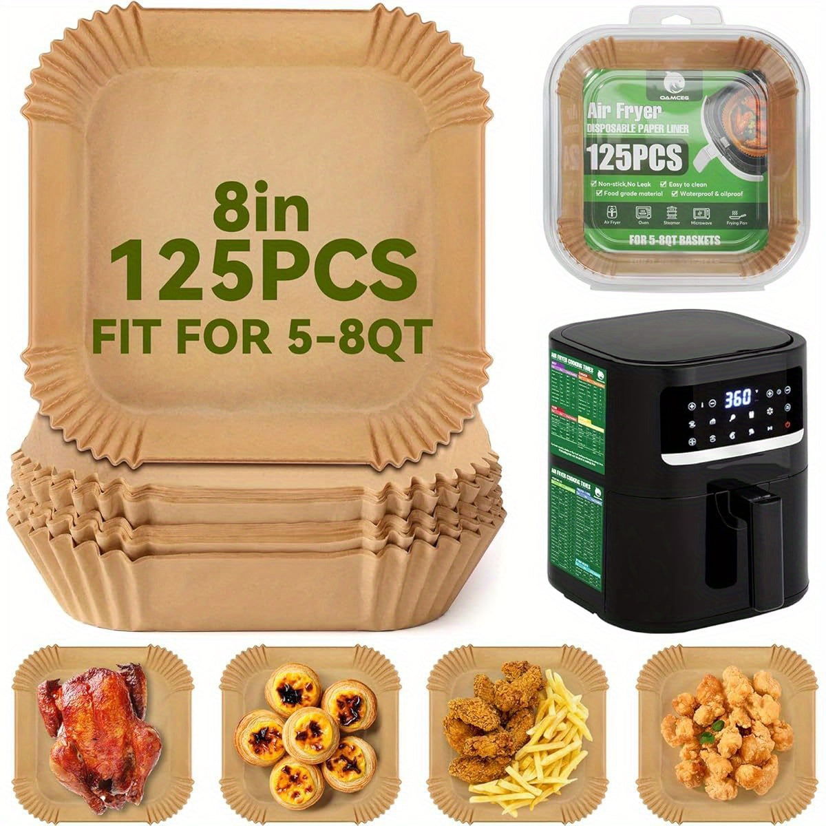 125pcs Air Fryer Non-Stick Parchment Paper Liners - Heavy-Duty 1.5X Thickened, Heat-Resistant Up to 428°F, BPA-Free & Greaseproof, Compatible with 5-8QT Air Fryers, Ovens, Microwaves, Pans - 8-Inch Round/Rectangular Disposable Baking Sheets for Frying,