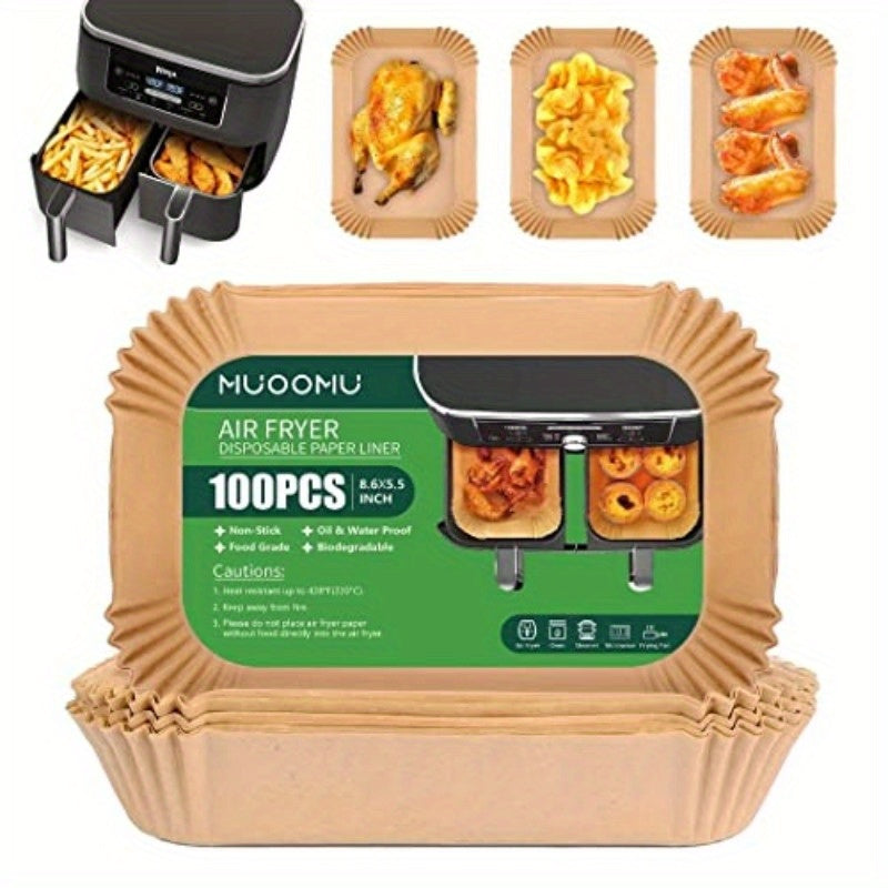 100pcs Ninja Dual Air Fryer Disposable Paper Liners - Non-Stick, Oil-Proof, Microwave & Oven Safe, 8.6x5.5 Inch Rectangular Parchment Paper for Baking, Roasting, Grilling - Compatible with Ninja Dual Air Fryer, Kitchen Essentials, Air Fryer Accessories,