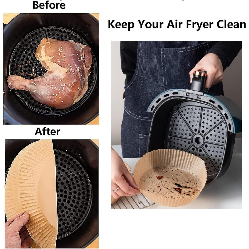 100pcs Air Fryer Parchment Paper Liners - Nonstick Disposable 6.3 Inch Round Pre-Cut Ruffled Edges, Food Grade Waterproof & Oilproof, Heat-Resistant up to 428°F for Oven, Microwave, Baking, BBQ, Air Fryer - Safe for Sensitive Stomachs, Easy Cleanup (Bulk