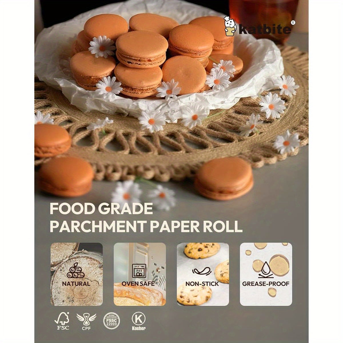 Katbite Heavy Duty Extra Large 15x242ft (300 Sq Ft) Parchment Paper Roll with Serrated Edge Cutter - Non-Stick, Greaseproof, Oven, Air Fryer, Steamer, Bakery Safe - for Baking, Cooking, Pizza, Pastries, Bread - Commercial & Home Kitchen Use - Value Pack