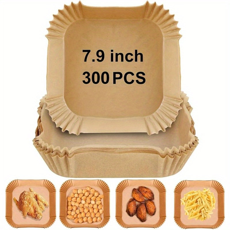 300pcs 7.9 Inch Square Air Fryer Baking Paper Liners - Non-Stick Parchment Sheets with Ruffled Edges, Silicone Coated & Unbleached, Individually Wrapped for Easy Storage, Compatible with 5-8QT Air Fryer, Oven, Microwave, Frying Pan (Disposable, Food
