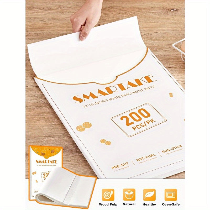200 Sheets Non-Stick Parchment Paper Baking Sheets - Precut 12x16 Inch Large White Baking Paper with Rounded Edges, Individually Wrapped for Oven, Air Fryer, Grilling, Steaming - 450°F Safe, Pre-Cut for Easy Use, Space-Saving Box (Compatible with