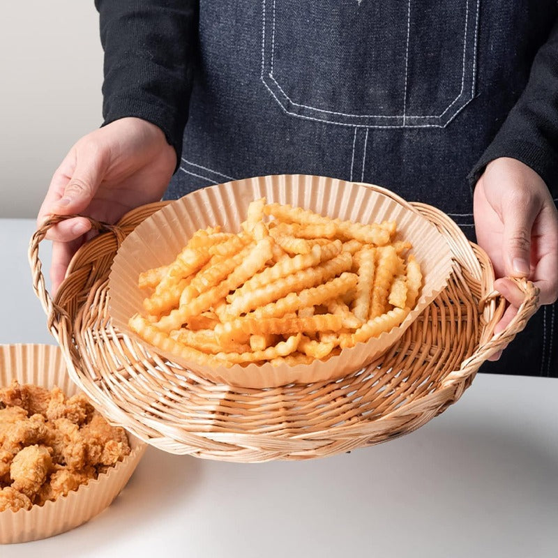 100pcs Air Fryer Parchment Paper Liners - Nonstick Disposable 6.3 Inch Round Pre-Cut Ruffled Edges, Food Grade Waterproof & Oilproof, Heat-Resistant up to 428°F for Oven, Microwave, Baking, BBQ, Air Fryer - Safe for Sensitive Stomachs, Easy Cleanup (Bulk