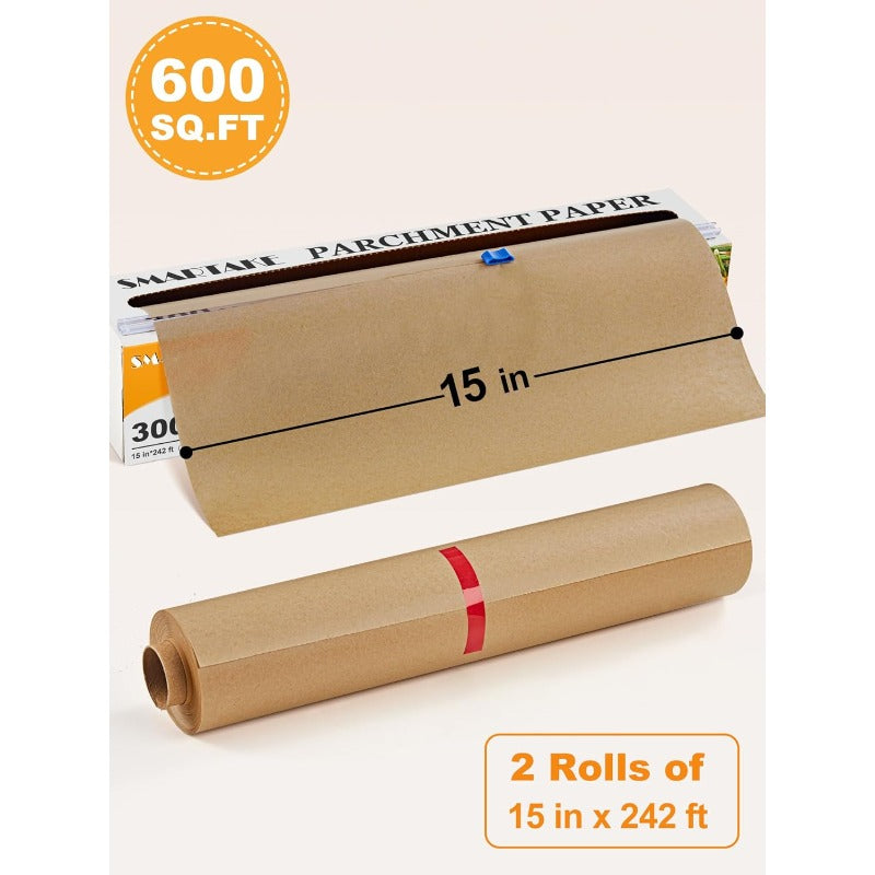 Parchment Paper Roll for Baking 2Pack of 15 in X 242 Ft 600 Sq. Ft Nonstick Baking Paper Sheets with Slide Cutter Heavy Duty Extra Long for Kitchen Baking Cooking Grilling Unbleached