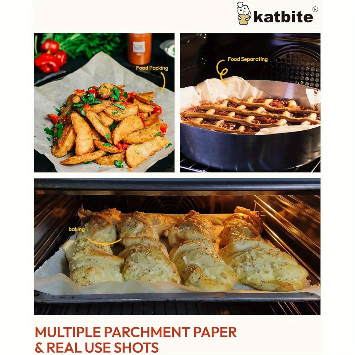 Katbite Heavy Duty Extra Large 15x242ft (300 Sq Ft) Parchment Paper Roll with Serrated Edge Cutter - Non-Stick, Greaseproof, Oven, Air Fryer, Steamer, Bakery Safe - for Baking, Cooking, Pizza, Pastries, Bread - Commercial & Home Kitchen Use - Value Pack