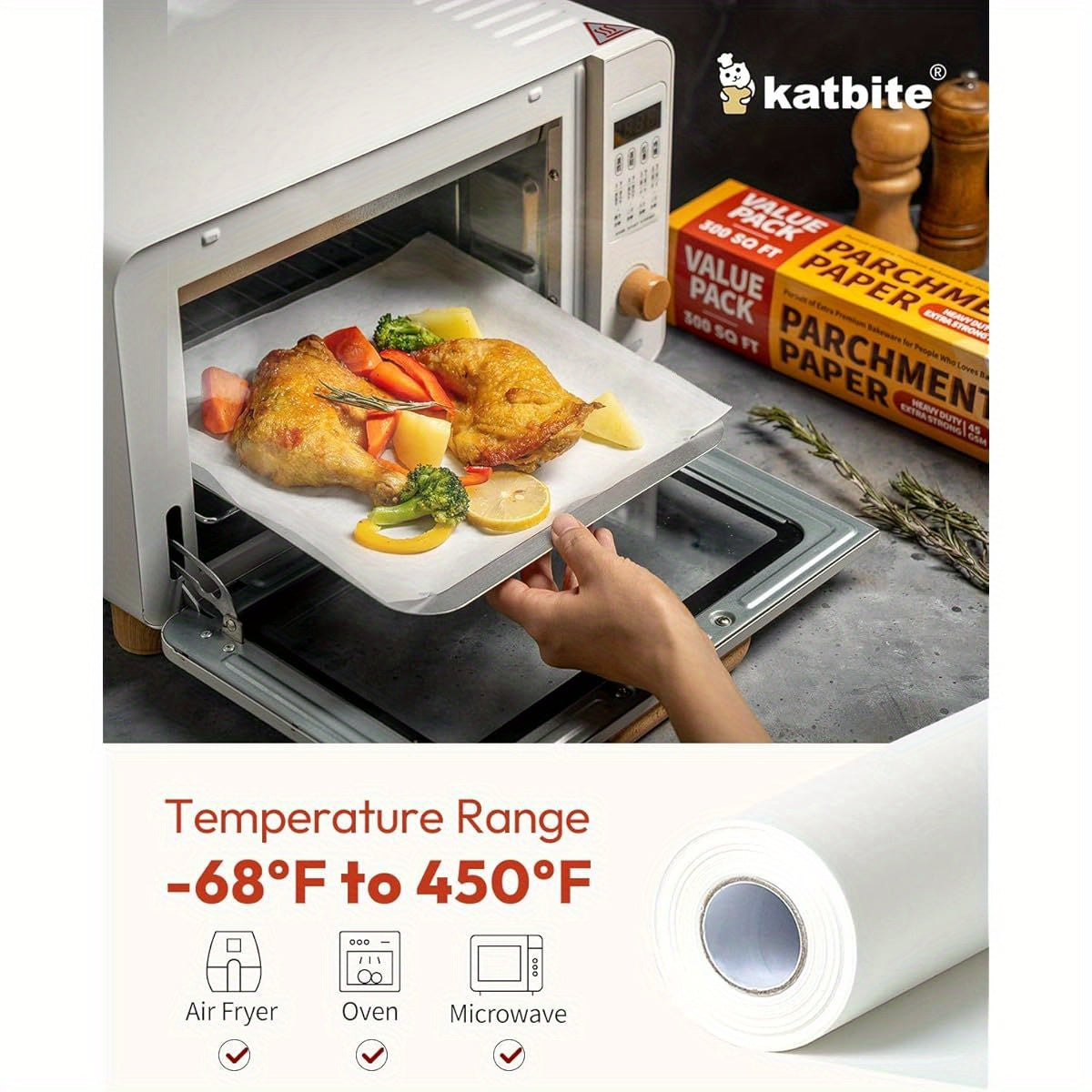Katbite Heavy Duty Extra Large 15x242ft (300 Sq Ft) Parchment Paper Roll with Serrated Edge Cutter - Non-Stick, Greaseproof, Oven, Air Fryer, Steamer, Bakery Safe - for Baking, Cooking, Pizza, Pastries, Bread - Commercial & Home Kitchen Use - Value Pack