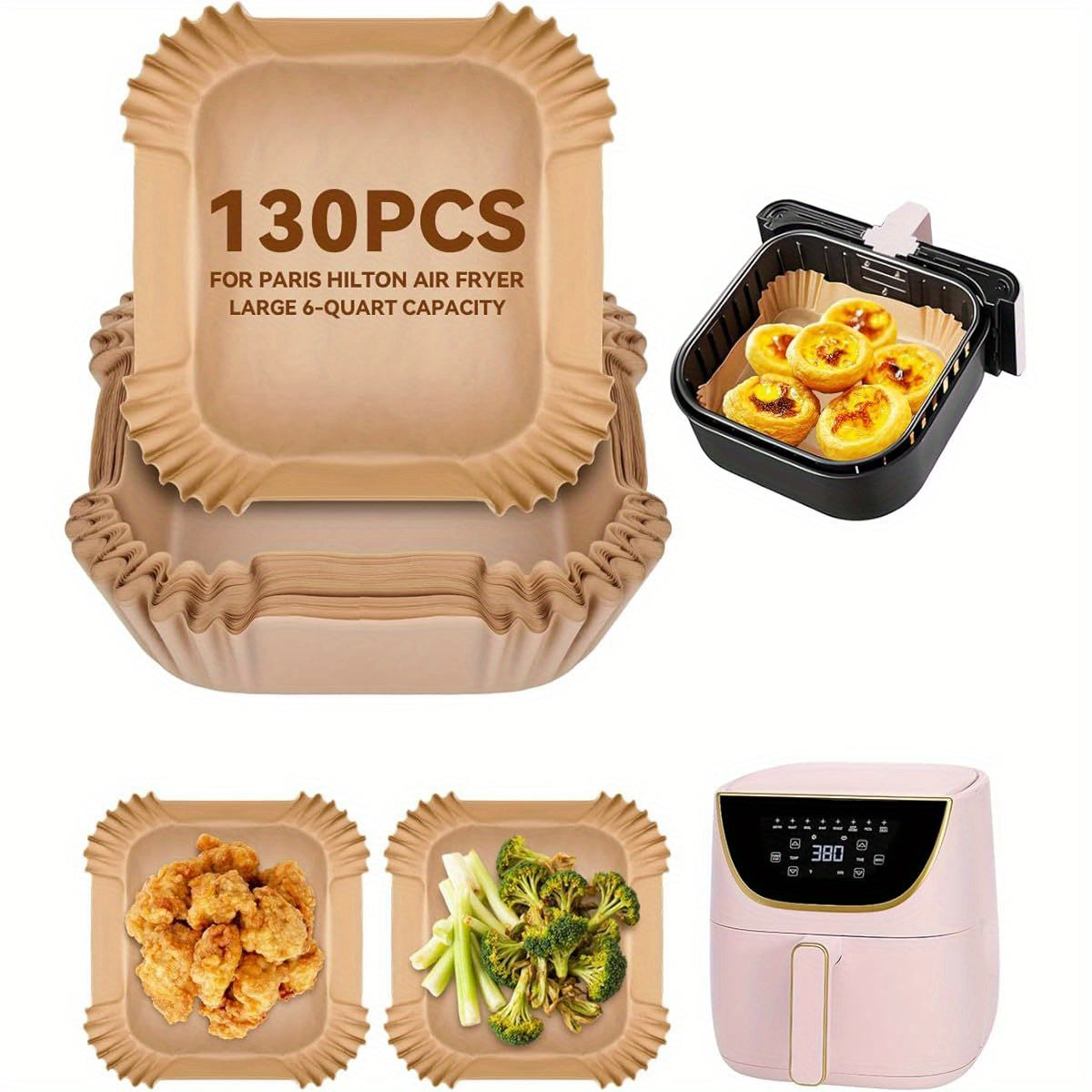 130pcs Nonstick Air Fryer Liners for Paris Hilton 6-Quart & 8-Inch Fryer - Food Grade Disposable Parchment Paper Baking Inserts, Bleach-Free, Easy Cleanup, Perfect for Chicken, Fries, and More, Air Fryer Accessories, Kitchen Essentials, Modern