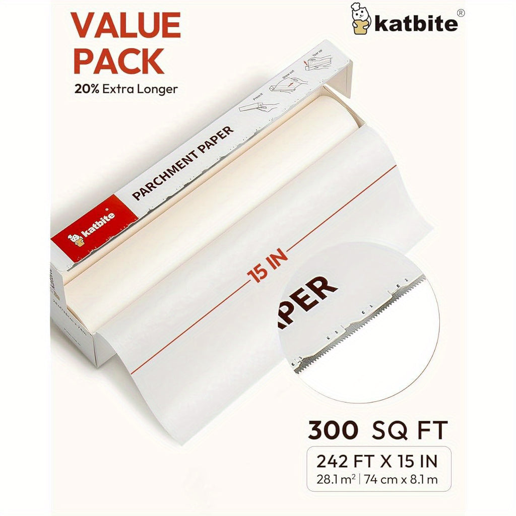 Katbite Heavy Duty Extra Large 15x242ft (300 Sq Ft) Parchment Paper Roll with Serrated Edge Cutter - Non-Stick, Greaseproof, Oven, Air Fryer, Steamer, Bakery Safe - for Baking, Cooking, Pizza, Pastries, Bread - Commercial & Home Kitchen Use - Value Pack