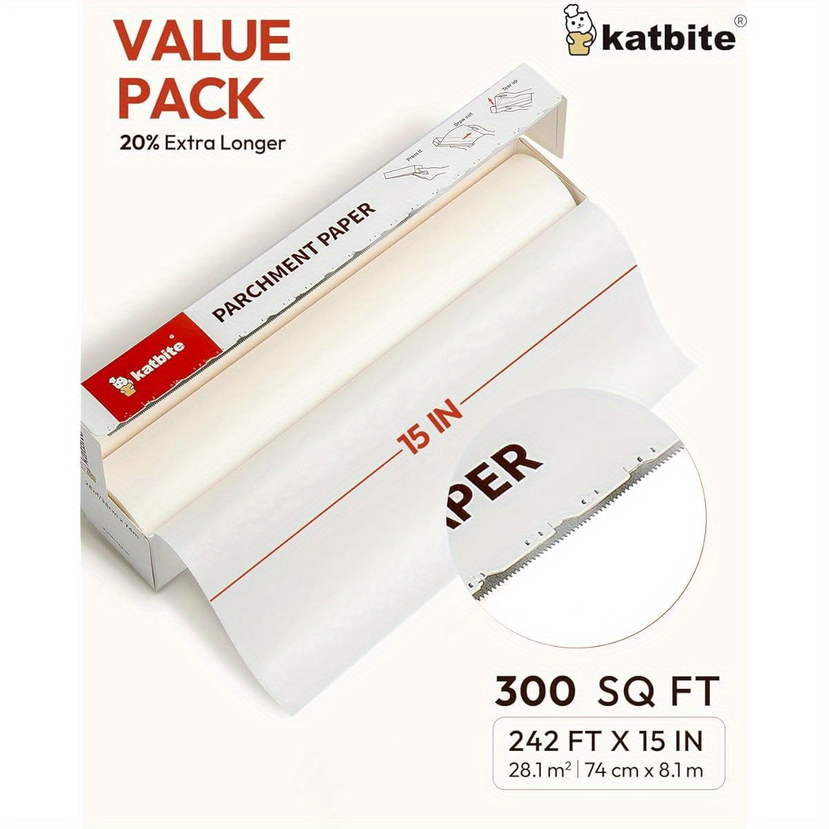 Katbite Heavy Duty Extra Large 15x242ft (300 Sq Ft) Parchment Paper Roll with Serrated Edge Cutter - Non-Stick, Greaseproof, Oven, Air Fryer, Steamer, Bakery Safe - for Baking, Cooking, Pizza, Pastries, Bread - Commercial & Home Kitchen Use - Value Pack