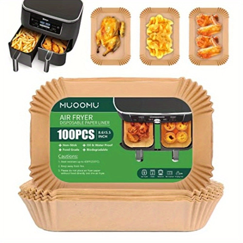 100pcs Ninja Dual Air Fryer Disposable Paper Liners - Non-Stick, Oil-Proof & Waterproof Parchment Paper for Baking, Microwave & Oven Use, 8.6in x 5.5in, Rectangular Design for Easy Cleanup, Air Fryer Accessories, Baking Essentials, Rectangular Liners,