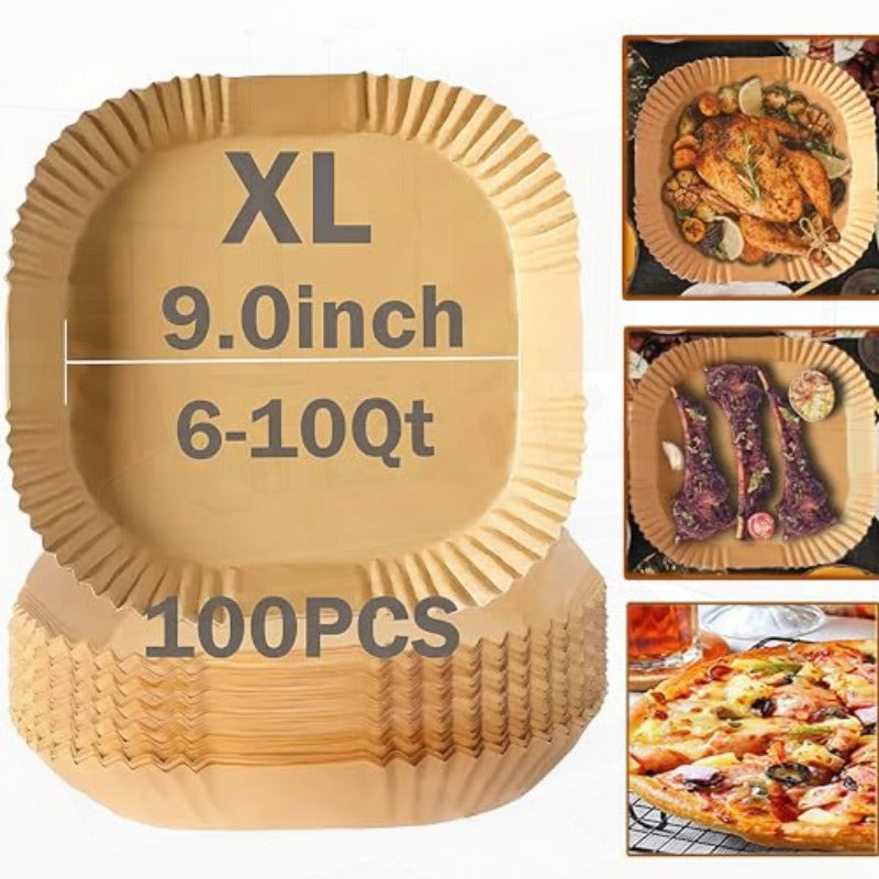 100pcs 9-Inch XL Air Fryer Disposable Paper Liners - Non-Stick Thickened Waterproof & Oilproof Baking Sheets, Square Air Fryer Rack Liners for 6-10 Qt Ovens, Microwaves, Grills - Heat-Resistant, Easy Cleanup, Mess-Free Cooking (Compatible with Air Fryers,