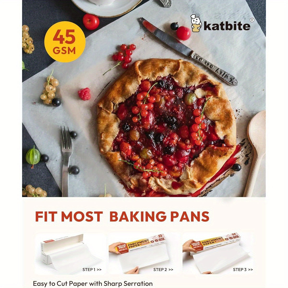 Katbite Heavy Duty Extra Large 15x242ft (300 Sq Ft) Parchment Paper Roll with Serrated Edge Cutter - Non-Stick, Greaseproof, Oven, Air Fryer, Steamer, Bakery Safe - for Baking, Cooking, Pizza, Pastries, Bread - Commercial & Home Kitchen Use - Value Pack