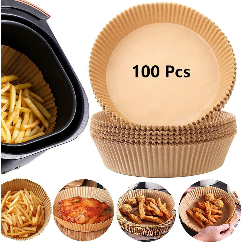 100pcs Air Fryer Parchment Paper Liners - Nonstick Disposable 6.3 Inch Round Pre-Cut Ruffled Edges, Food Grade Waterproof & Oilproof, Heat-Resistant up to 428°F for Oven, Microwave, Baking, BBQ, Air Fryer - Safe for Sensitive Stomachs, Easy Cleanup (Bulk